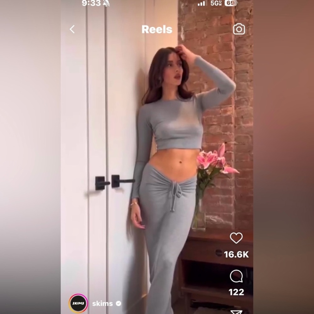 Skims Soft Lounge Crop Long Sleeve & Ruched Long Skirt Set Color Heather Grey